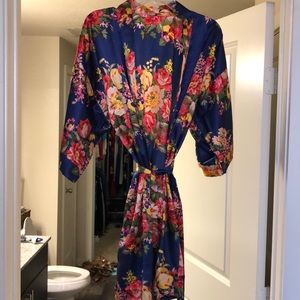 Dark Blue Floral Silk Robe